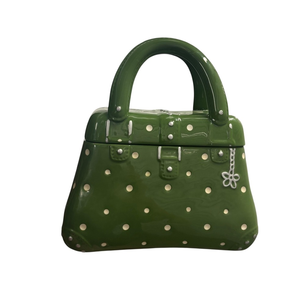 Temp‎ Tations Green Polka Dot Handbag Shaped Ceramic Cookie Jar with Lid